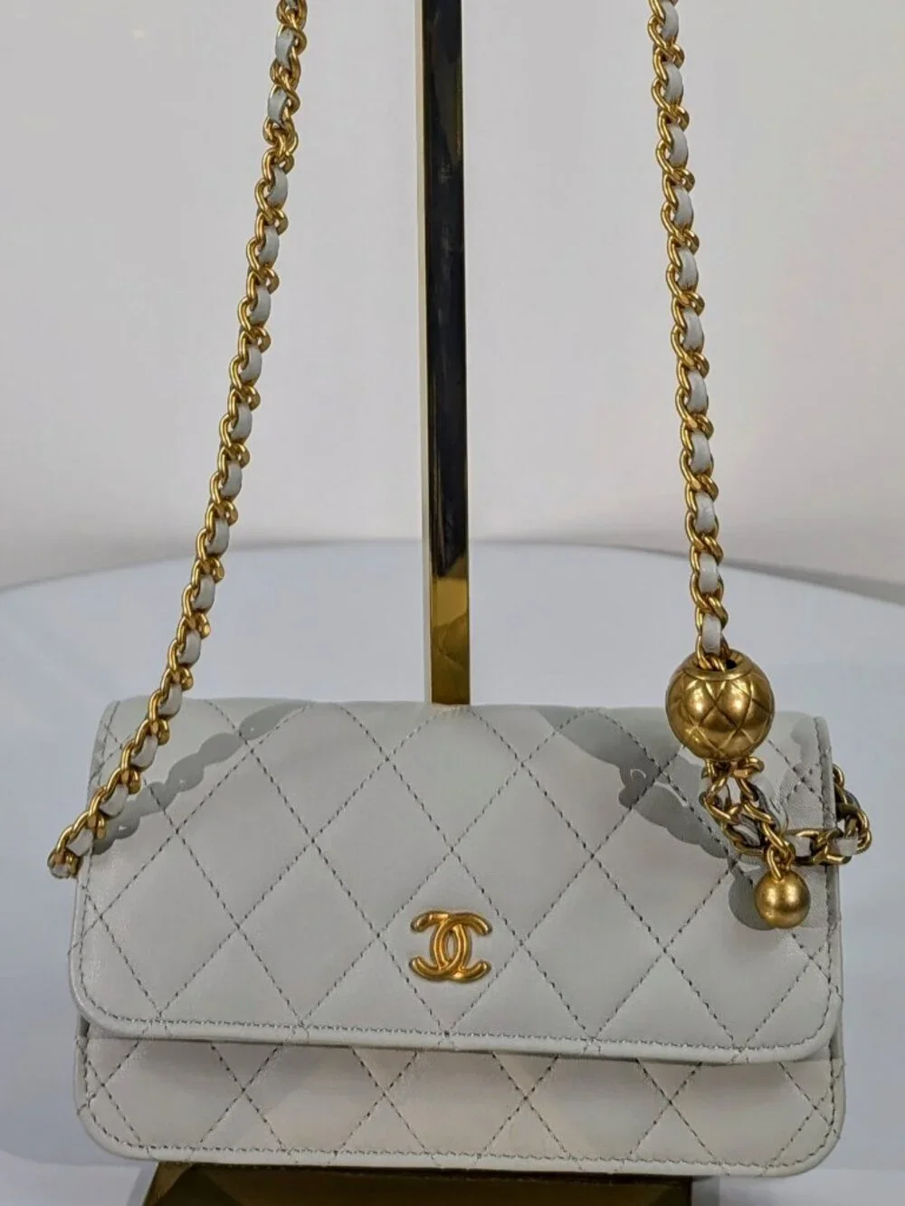 Chanel Light Grey Wallet on Chain (WOC) with Gold Charm